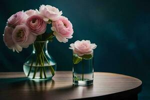 roze bloemen in een vaas Aan een tafel. ai-gegenereerd foto