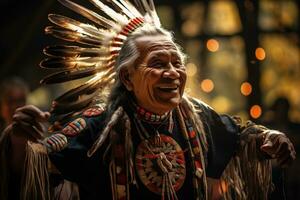 inheems Amerikaans tribal chef in traditioneel ceremonieel regalia het uitvoeren van voorouderlijk dans foto