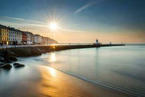 de zon stijgt over- de oceaan en pier in een stad. ai-gegenereerd foto