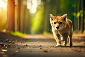 een hond wandelen Aan een weg in de bossen. ai-gegenereerd foto