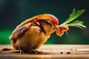 een klein vogel met een groen hoofd en rood veren. ai-gegenereerd foto