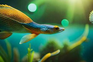 een vis zwemmen in een aquarium met helder lichten. ai-gegenereerd foto