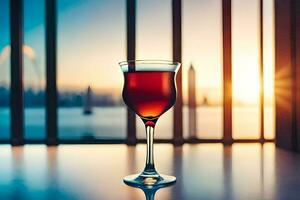 glas van rood wijn Aan de tafel met een visie van de stad. ai-gegenereerd foto