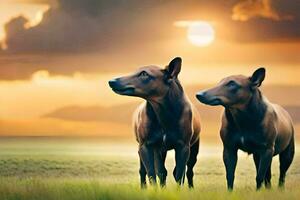 twee honden staand in de gras Bij zonsondergang. ai-gegenereerd foto