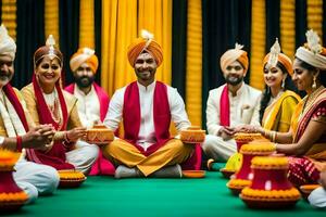 Indisch bruiloft ceremonie met bruid en bruidegom. ai-gegenereerd foto