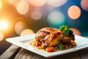 een bord van kip met groenten Aan een houten tafel. ai-gegenereerd foto