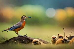 een vogel met een klein groep van vogels. ai-gegenereerd foto