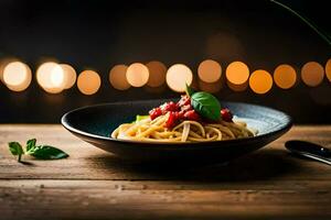 een bord van spaghetti met tomaat saus en basilicum bladeren Aan een houten tafel. ai-gegenereerd foto