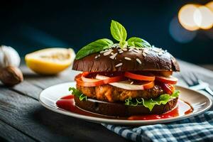 een Hamburger met tomaat, sla en kaas Aan een bord. ai-gegenereerd foto