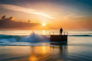 een Mens staat Aan een pier aan het kijken de zon reeks over- de oceaan. ai-gegenereerd foto