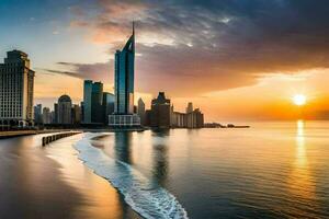 de stad horizon in Dubai Bij zonsondergang. ai-gegenereerd foto