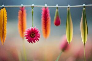 kleurrijk bloemen hangende van een Kledinglijn. ai-gegenereerd foto