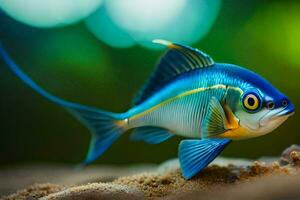 een blauw vis met geel ogen en een lang staart. ai-gegenereerd foto