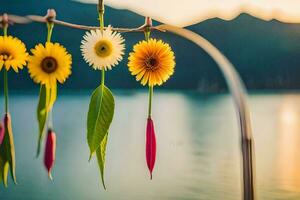 zonnebloemen hangende van een touw door de water. ai-gegenereerd foto