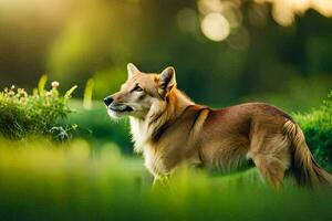 een hond is staand in de gras in de zonlicht. ai-gegenereerd foto