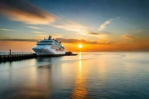 een reis schip aangemeerd Bij de pier Bij zonsondergang. ai-gegenereerd foto