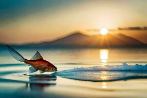 een vis is zwemmen in de water Bij zonsondergang. ai-gegenereerd foto