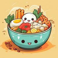 tekenfilm Japans voedsel. grappig kawaii tekens Aziatisch voedsel. ai generatief foto