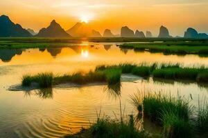 de zon sets over- een rivier- en bergen in China. ai-gegenereerd foto