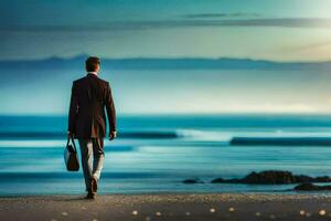 een Mens in een pak wandelingen langs de strand Bij zonsondergang. ai-gegenereerd foto