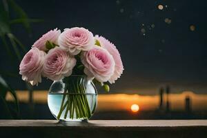 roze bloemen in een vaas Aan een tafel met een zonsondergang in de achtergrond. ai-gegenereerd foto