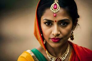 een mooi Indisch vrouw vervelend een sari en sieraden. ai-gegenereerd foto