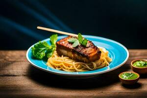 gegrild Zalm Aan een bord met pasta en saus. ai-gegenereerd foto