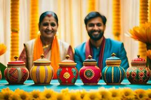 een paar in Indisch kleding houding voor een foto met kleurrijk potten. ai-gegenereerd