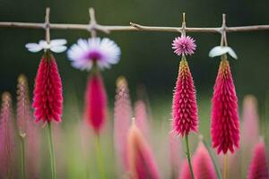 bloemen hangende van een draad in een veld. ai-gegenereerd foto