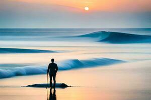 een Mens staat Aan een rots in de oceaan Bij zonsondergang. ai-gegenereerd foto