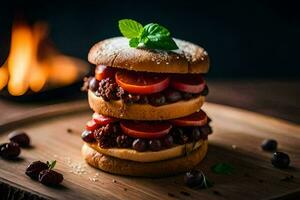 een Hamburger met tomaten en kersen Aan een houten bord. ai-gegenereerd foto