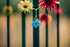 een blauw bloem hangende van een schutting. ai-gegenereerd foto