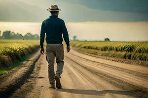 een Mens wandelen naar beneden een aarde weg in voorkant van een veld. ai-gegenereerd foto