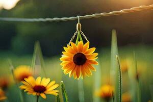 zonnebloem hangende Aan een draad in een veld. ai-gegenereerd foto