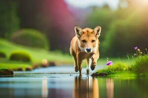 een hond rennen aan de overkant een stroom in de gras. ai-gegenereerd foto