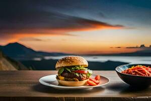 een hamburger en salade Aan een tafel met een visie van de bergen. ai-gegenereerd foto