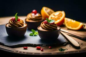 drie desserts Aan een houten bord met sinaasappelen. ai-gegenereerd foto