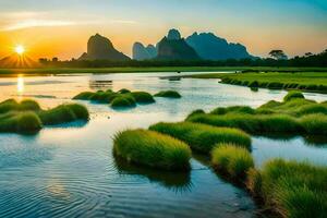 de zon sets over- een rivier- en met gras begroeid velden. ai-gegenereerd foto