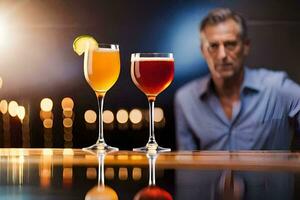 een Mens zittend Bij een bar met twee bril van drankjes. ai-gegenereerd foto