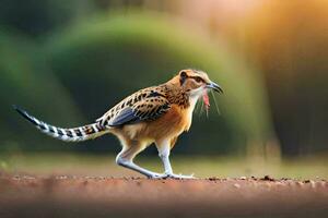 een vogel met een lang staart wandelen Aan de grond. ai-gegenereerd foto