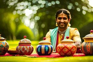een Mens in traditioneel Indisch kleding zit in voorkant van kleurrijk potten. ai-gegenereerd foto