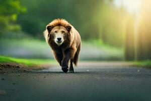 leeuw wandelen Aan de weg. ai-gegenereerd foto