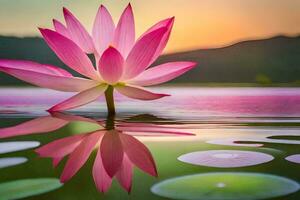 een roze lotus bloem is weerspiegeld in de water. ai-gegenereerd foto