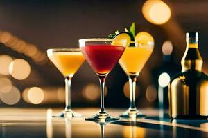 drie verschillend cocktails zitten Aan een tafel. ai-gegenereerd foto