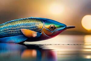een vis met kleurrijk vinnen is drijvend Aan de water. ai-gegenereerd foto