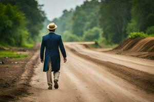 een Mens in een pak en hoed wandelingen naar beneden een aarde weg. ai-gegenereerd foto