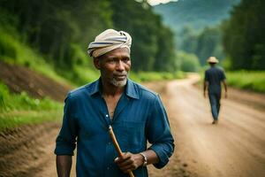 een Mens wandelen naar beneden een aarde weg met een stok. ai-gegenereerd foto