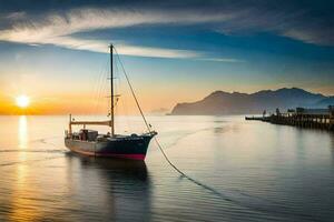 een zeilboot in de water Bij zonsondergang. ai-gegenereerd foto