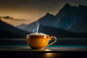 koffie, de lucht, bergen, de meer, de meer, de meer, de meer. ai-gegenereerd foto