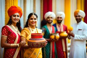 Indisch bruiloft partij met traditioneel kleding. ai-gegenereerd foto